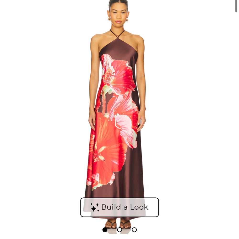 Steve Madden Flora Dress in Burnt Umber Halter Maxi Dress with Red Floral
